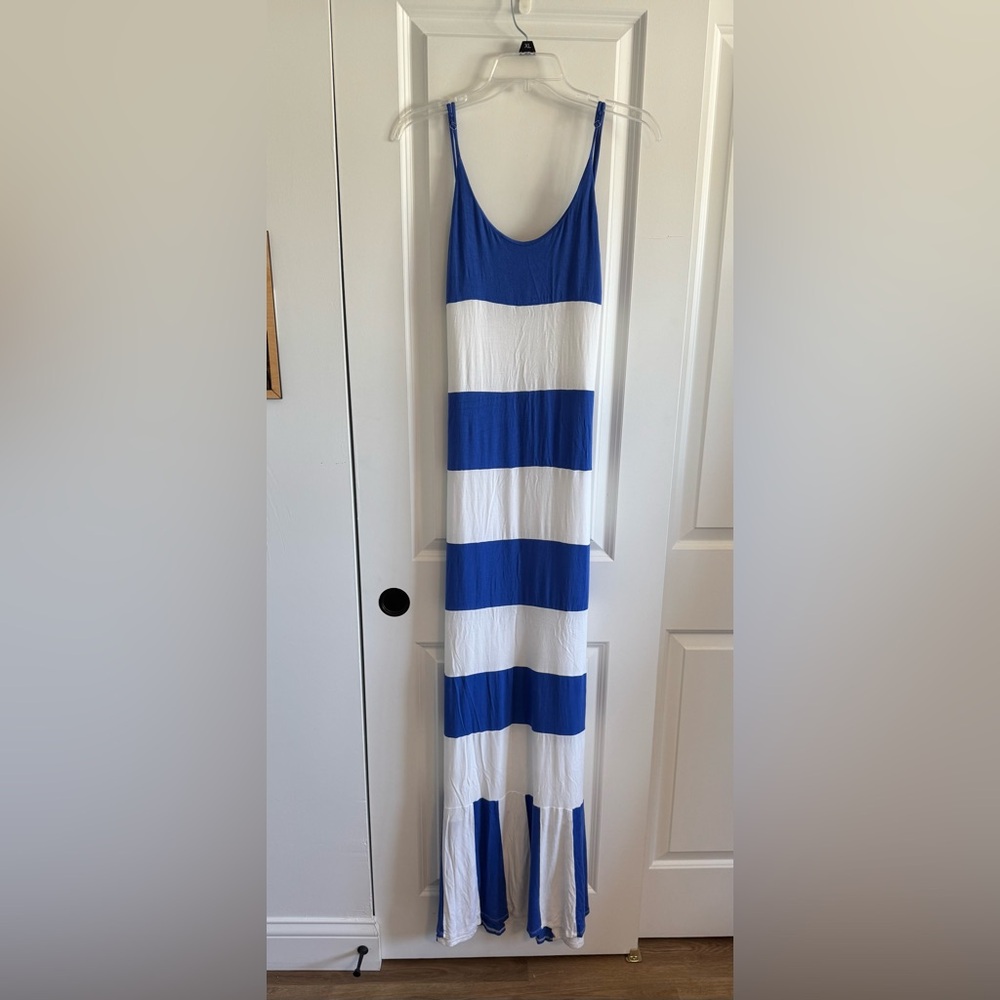 Ribbed Blue and White Maxi Pencil Dress for Resort Wear
